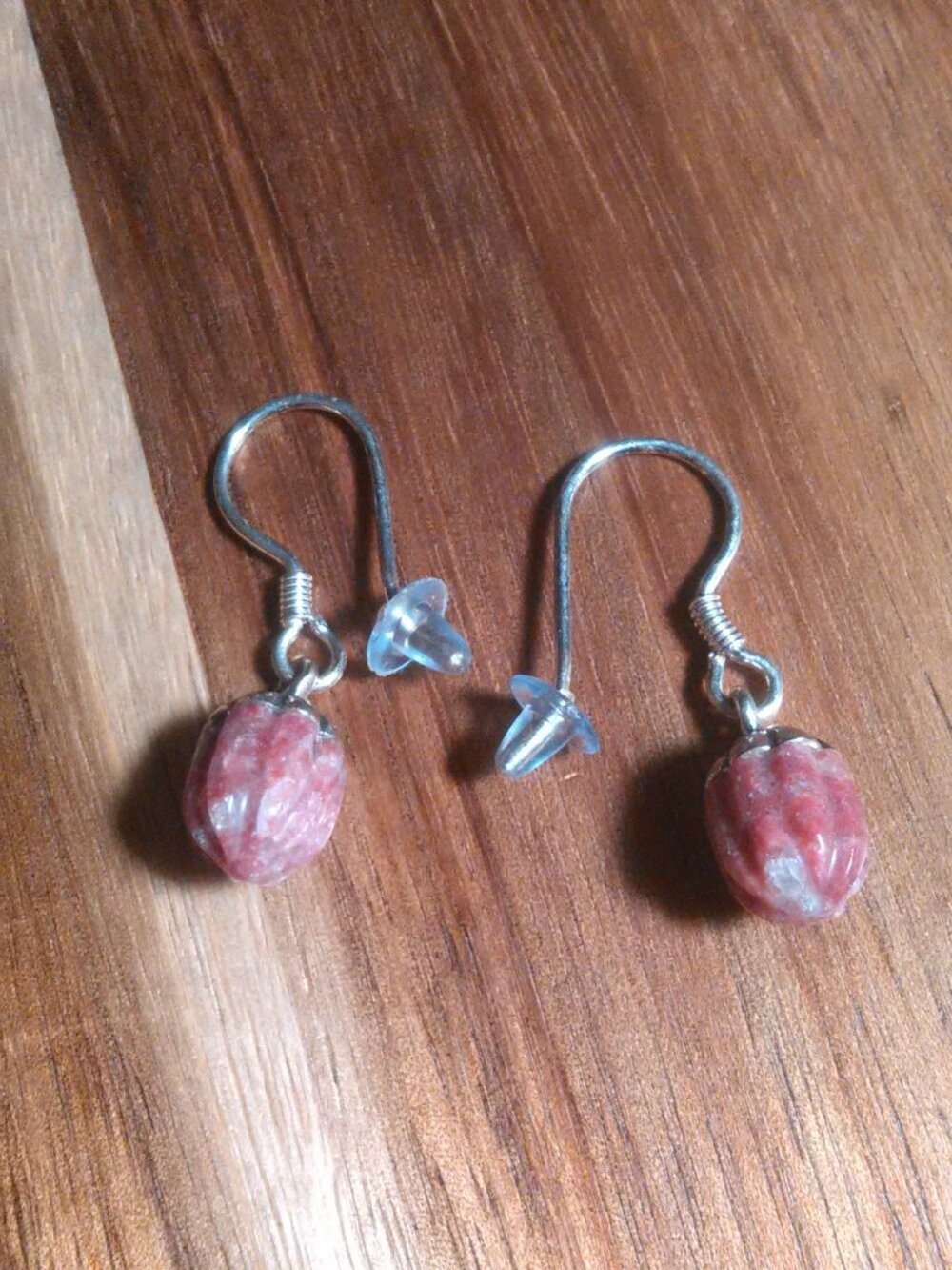 Carved Norwegian Thulite Sterling Silver Drop Earrings